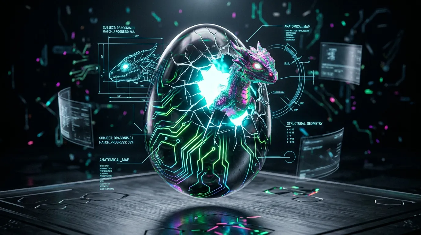 &OElig;uf transparent contenant un dragon digitalis&eacute; avec circuits luminescents