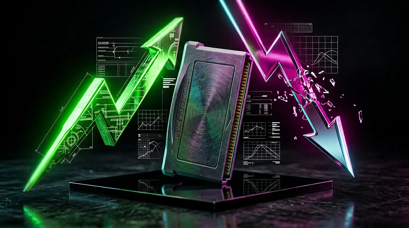 Carte graphique GPU entour&eacute;e de n&eacute;ons verts et roses