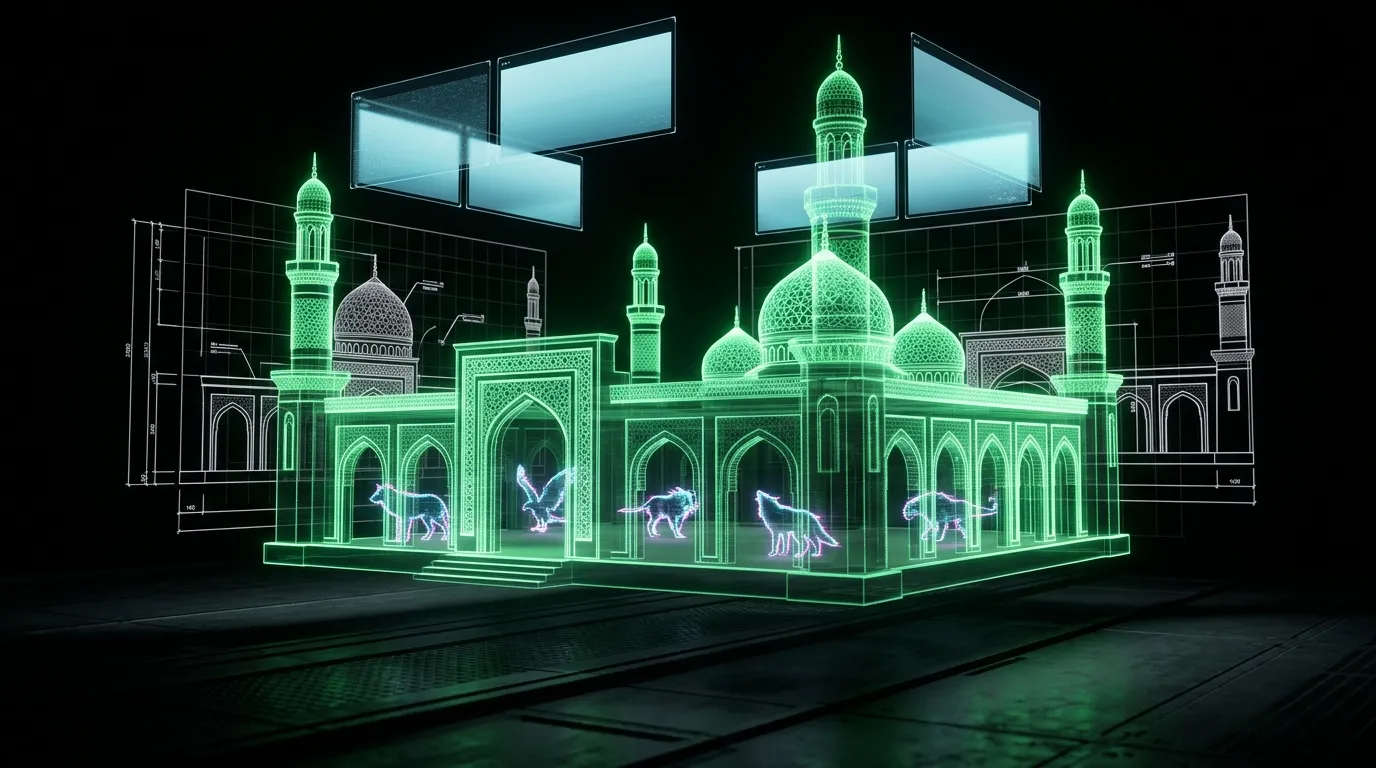 Mosqu&eacute;e architecturale n&eacute;on vert avec animaux luminescents