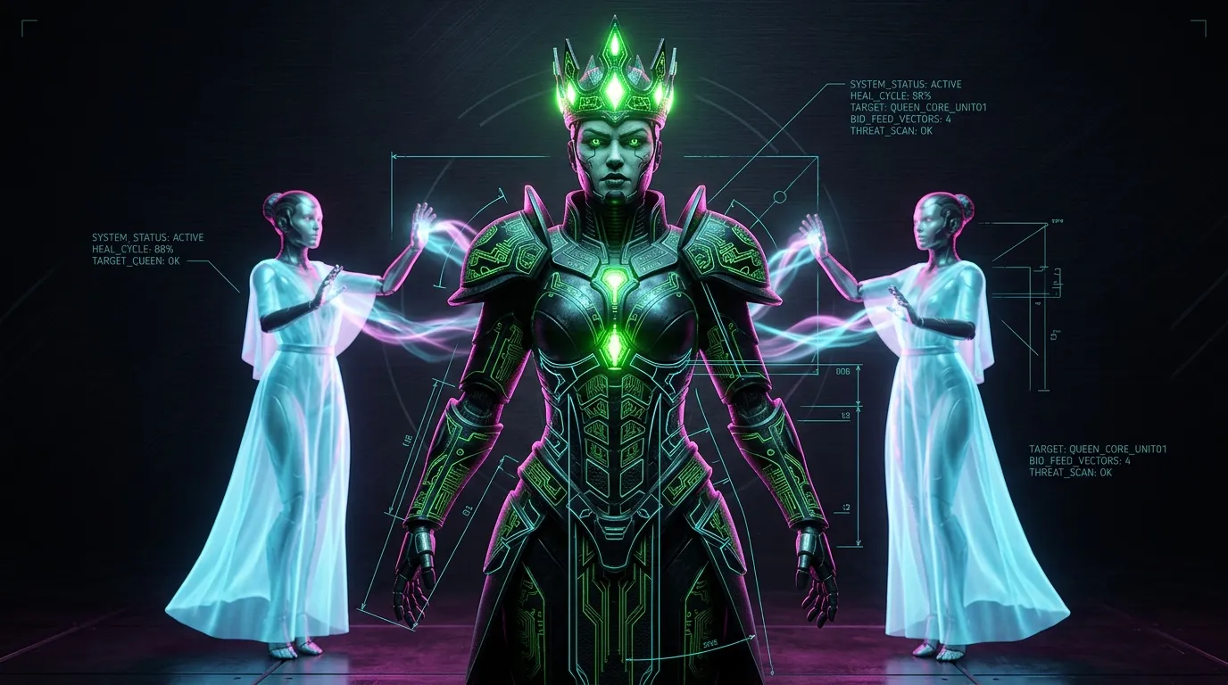 Reine armur&eacute;e verte avec deux figures lumineuses bleues flanquant