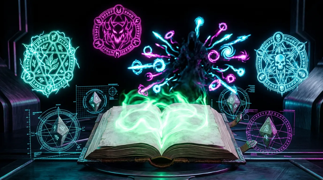 Livre ouvert brillant avec symboles magiques neon colorés.