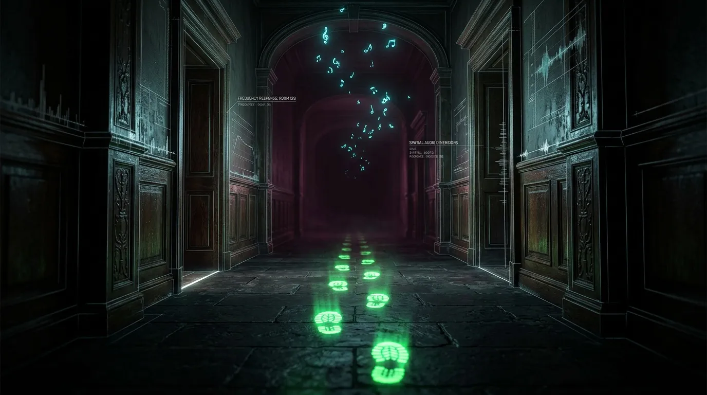 Salle technologique avec notes musicales lumineuses vertes