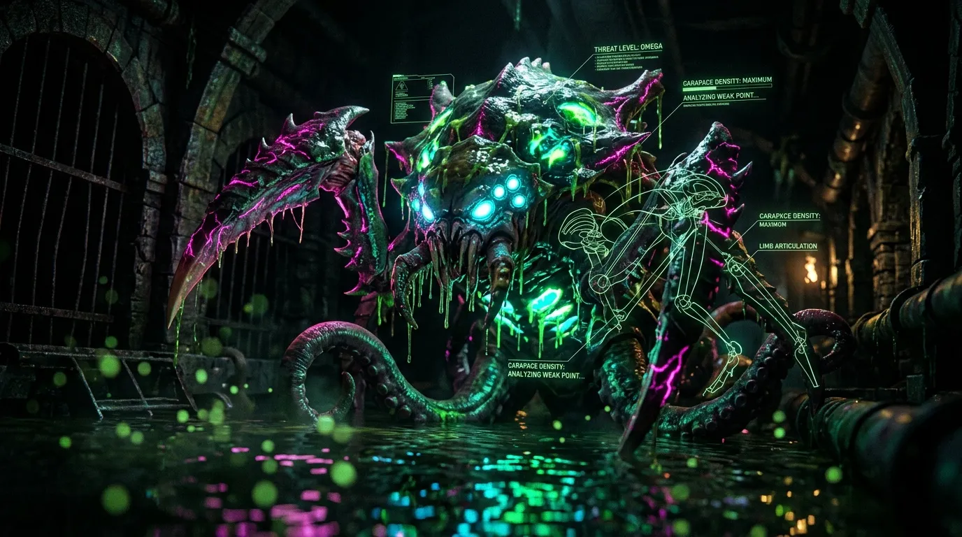 Monstre futuriste brillant analys&eacute; techniquement dans ruines sombres