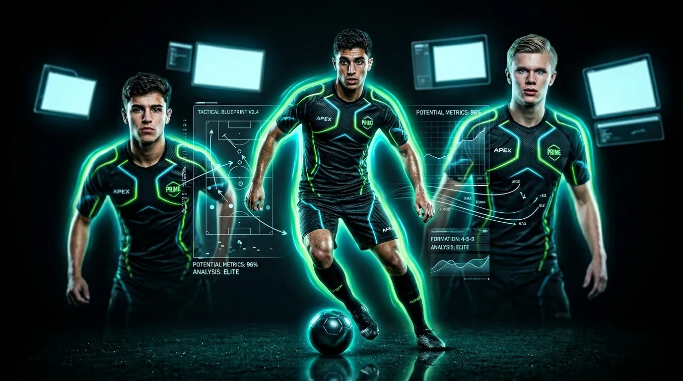 Trois joueurs de football avec donn&eacute;es analytiques et n&eacute;on vert