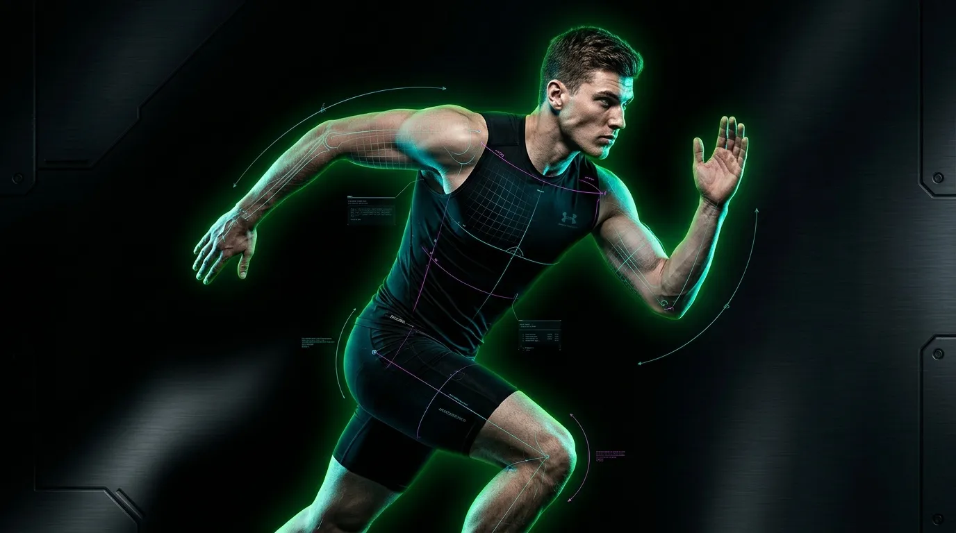 Coureur en tenue noire avec effets num&eacute;riques verts luminescents
