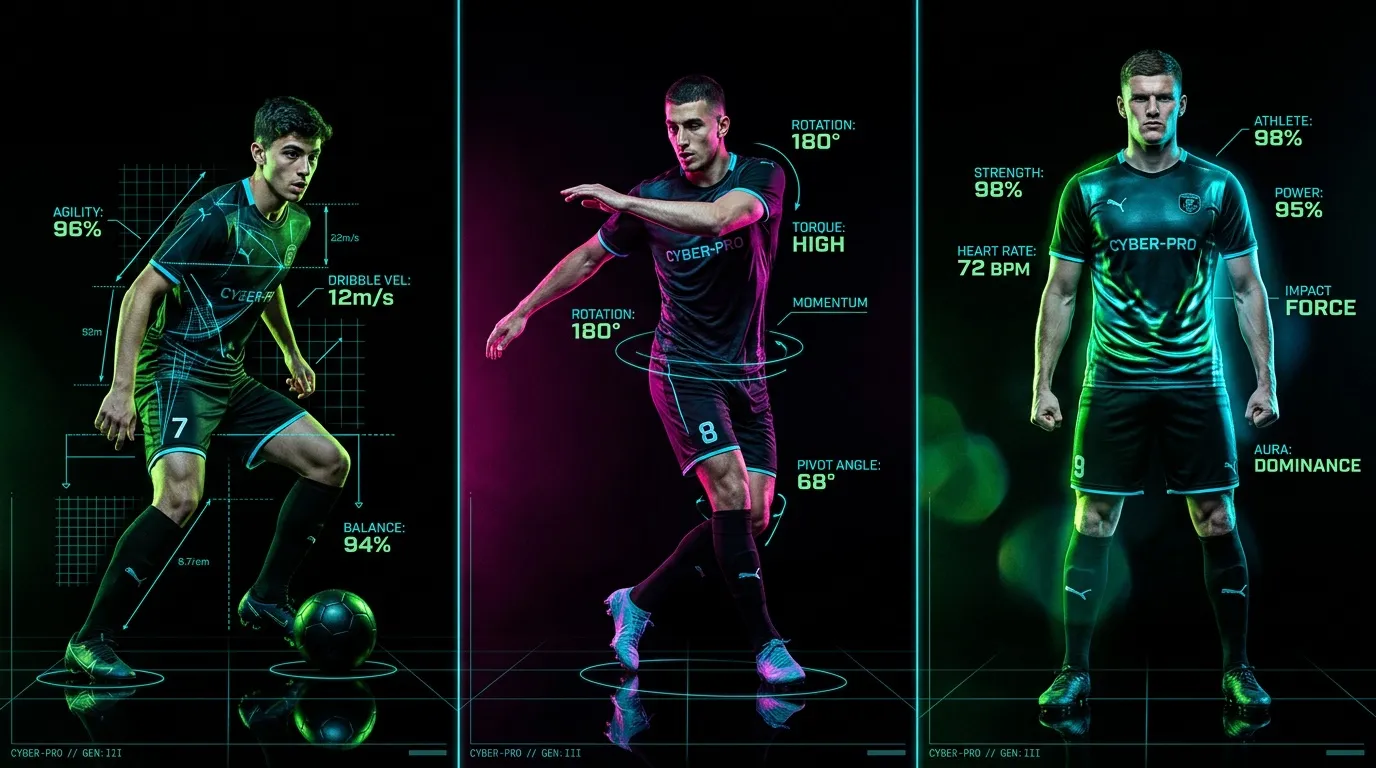 Trois joueurs football avec donn&eacute;es performances num&eacute;riques affich&eacute;es