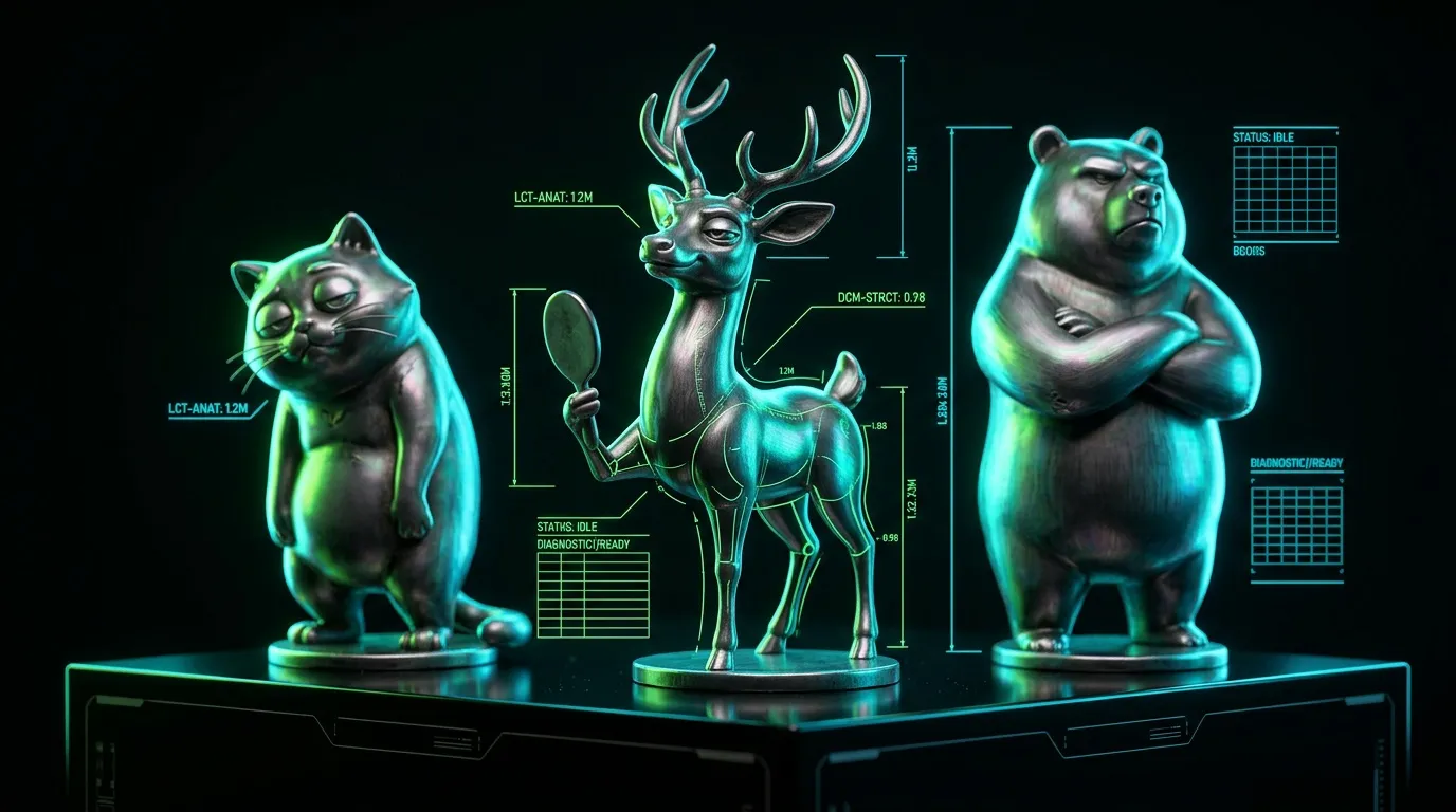 Trois figurines holographiques: chat, cerf, ours avec interface technologique