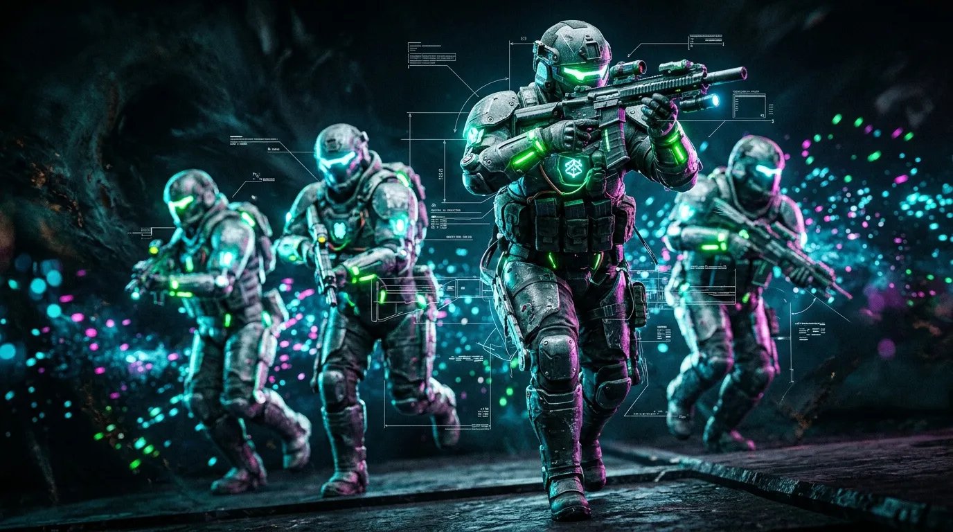 Soldats cybern&eacute;tiques arm&eacute;s en formation tactique futuriste