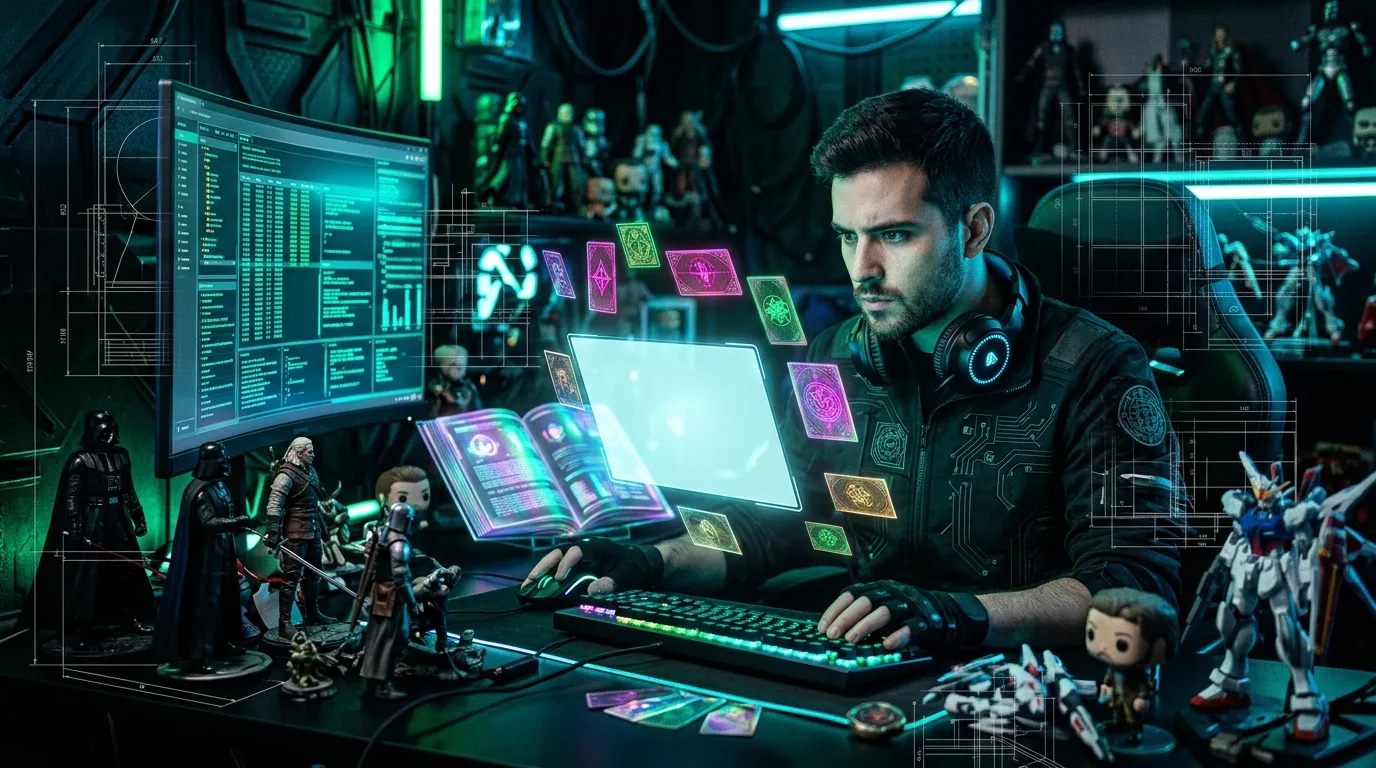 D&eacute;veloppeur programmant avec &eacute;crans holographiques futuristes