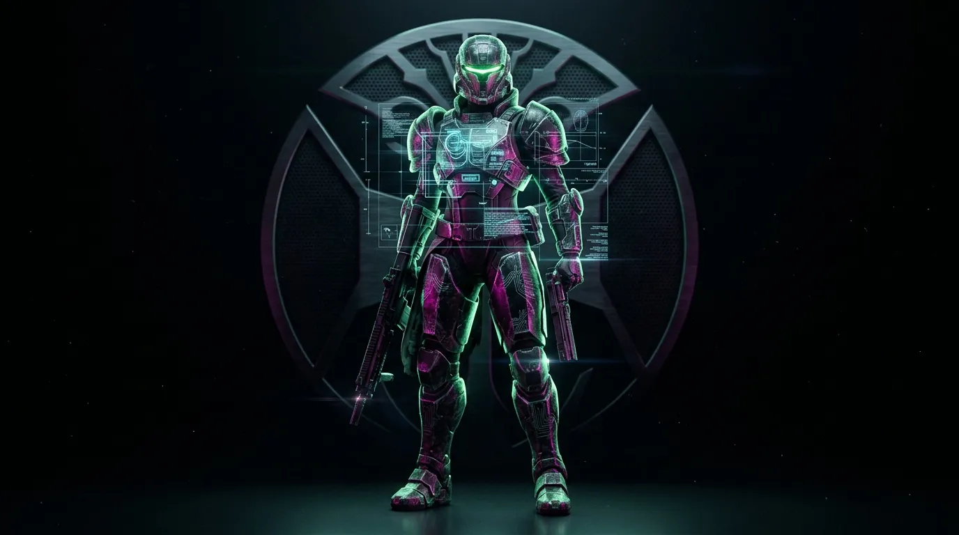 Soldat cyborg arm&eacute; dans costume technologique luminescent