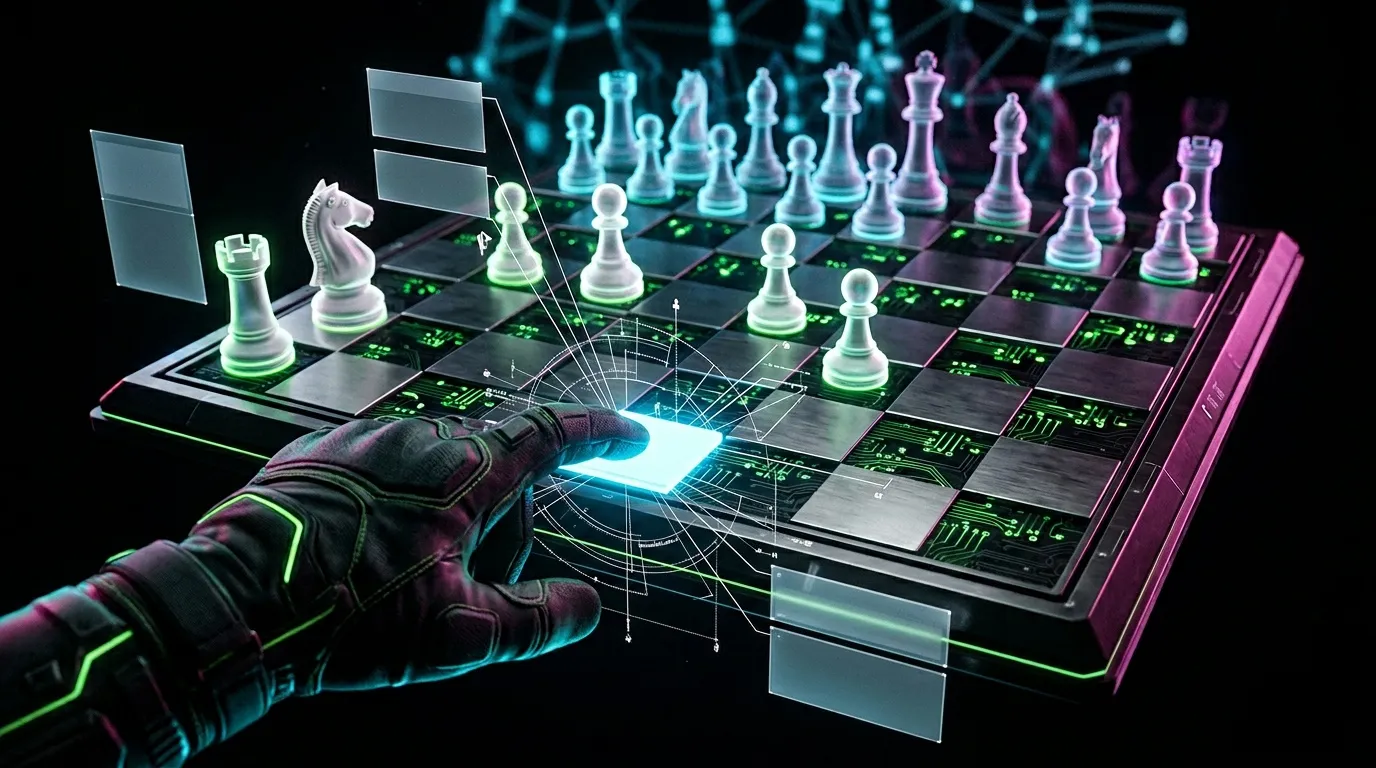 Main touchant &eacute;chiquier num&eacute;rique futuriste avec pi&egrave;ces illumin&eacute;es