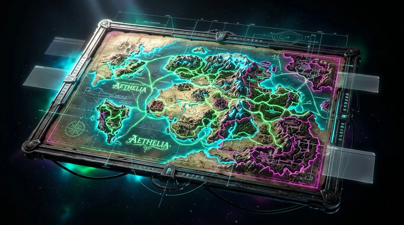 Carte fantastique holographique de Aethelia avec n&eacute;ons turquoise et violet