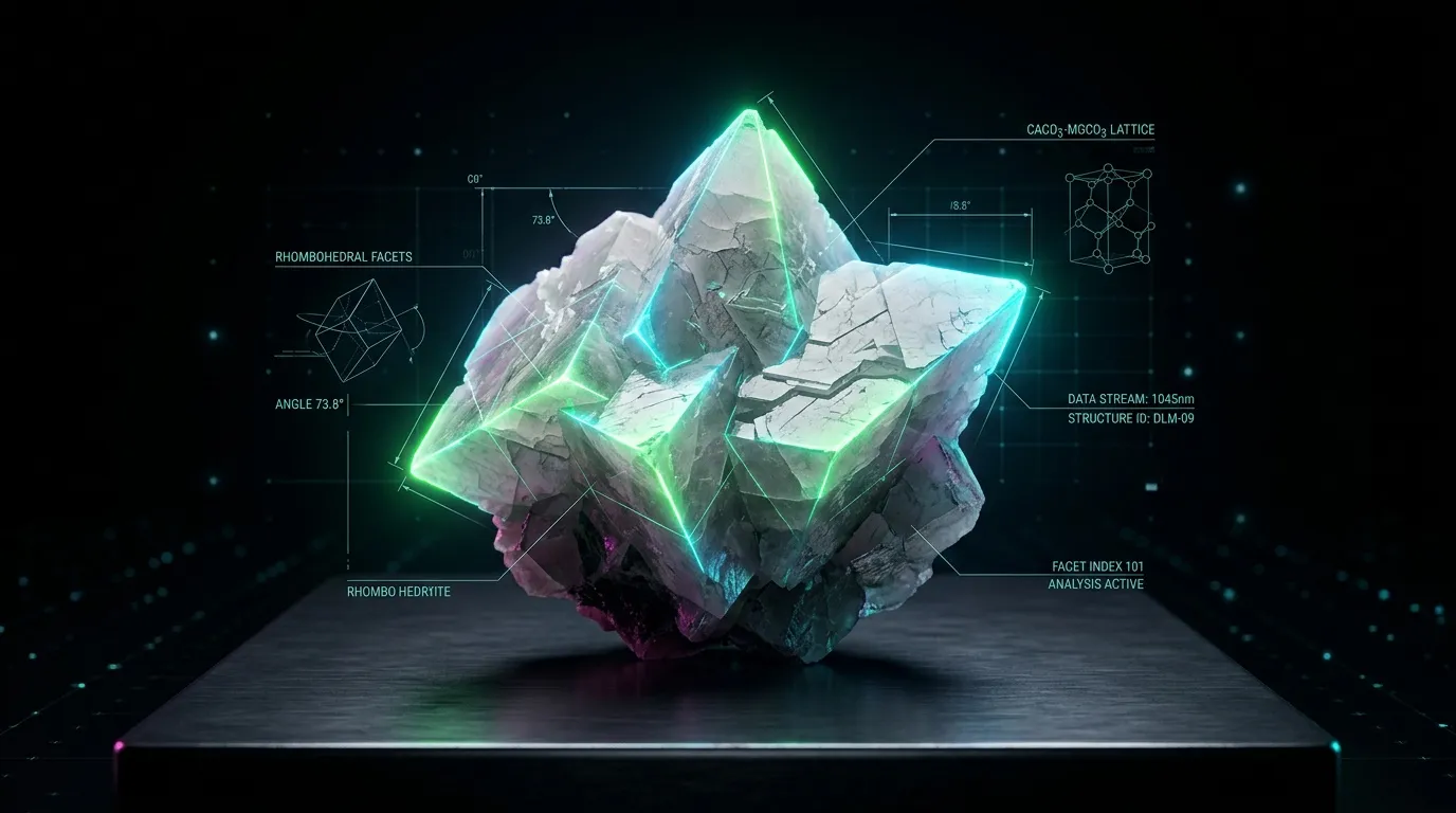 Cristal g&eacute;om&eacute;trique luminescent avec annotations scientifiques holographiques