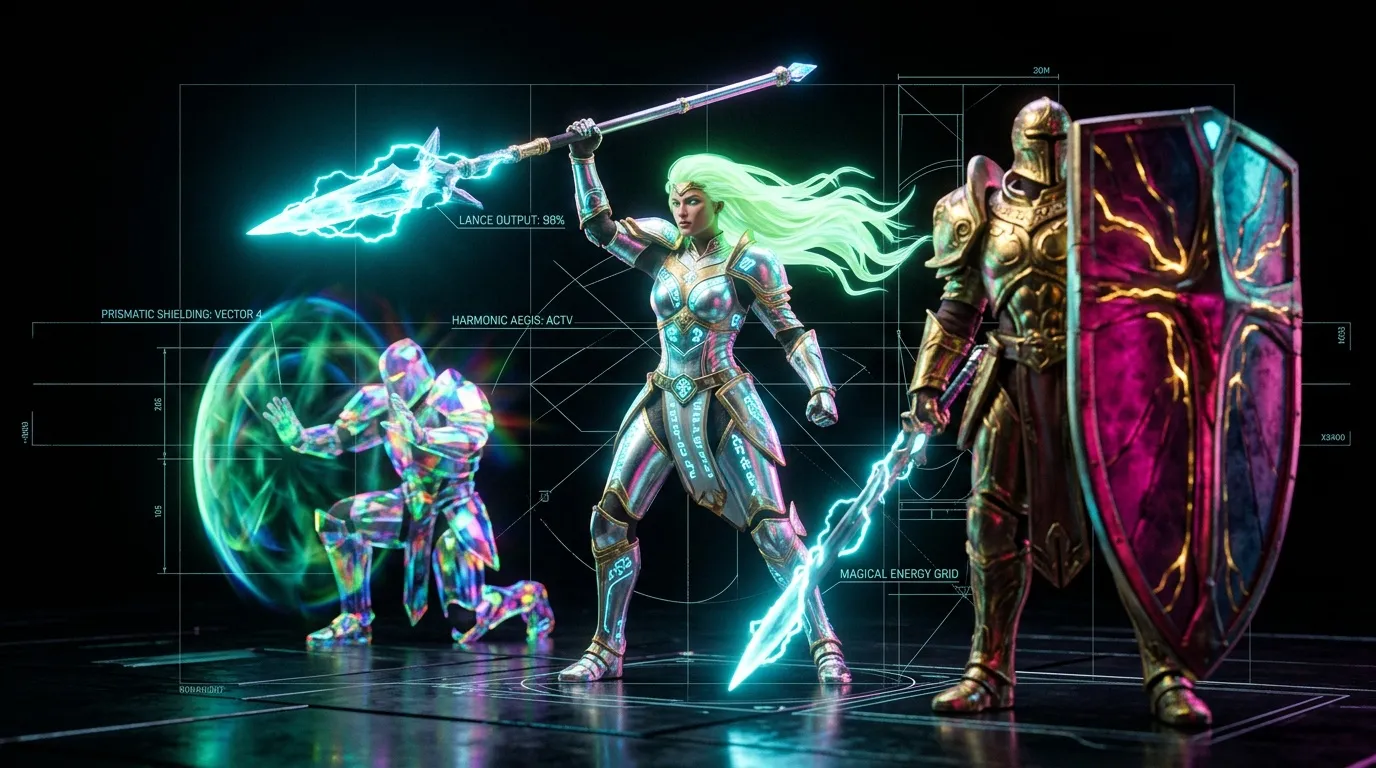 Trois guerriers fantastiques avec armures lumineuses et pouvoirs &eacute;lectriques.