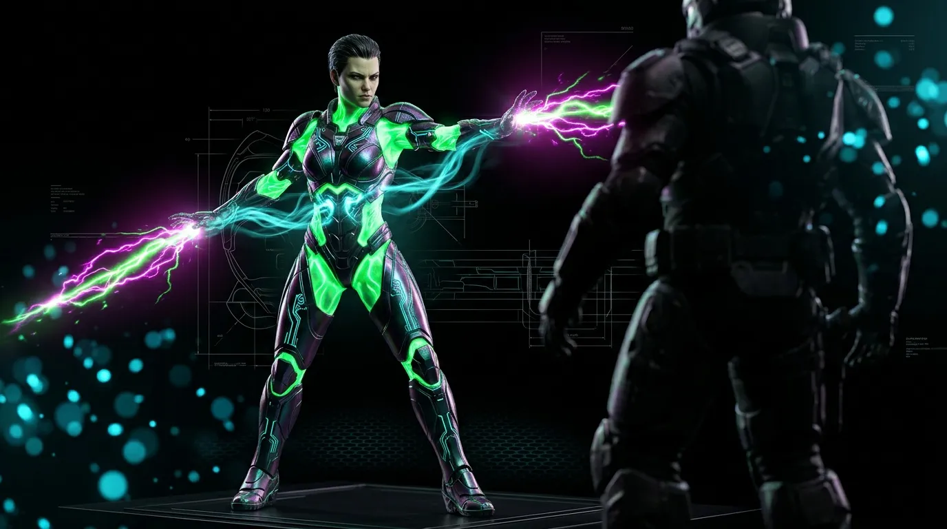 Femme cyborg en armure n&eacute;on verte projetant des &eacute;clairs &eacute;lectriques