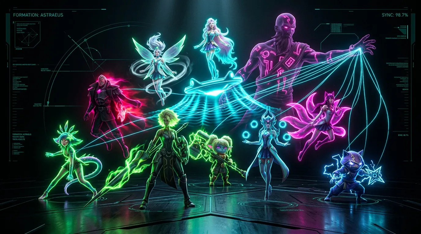 Neuf personnages luminescents en formation technologique futuriste