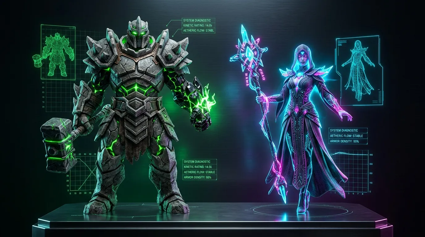 Deux personnages holographiques en armure technologique face &agrave; face