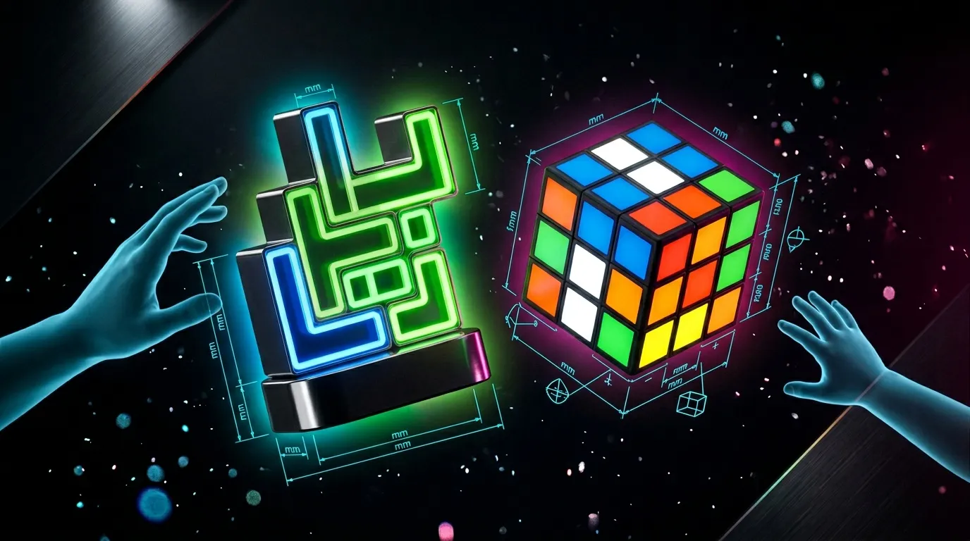 Mains holographiques manipulant un puzzle et un Rubik's cube