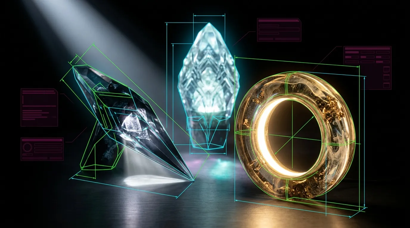 Trois pierres pr&eacute;cieuses num&eacute;riques avec grilles holographiques vertes