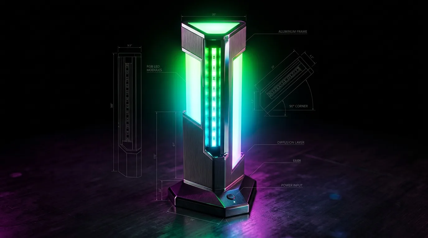 Tour LED RGB illumin&eacute;e avec sch&eacute;ma technique d&eacute;taill&eacute;