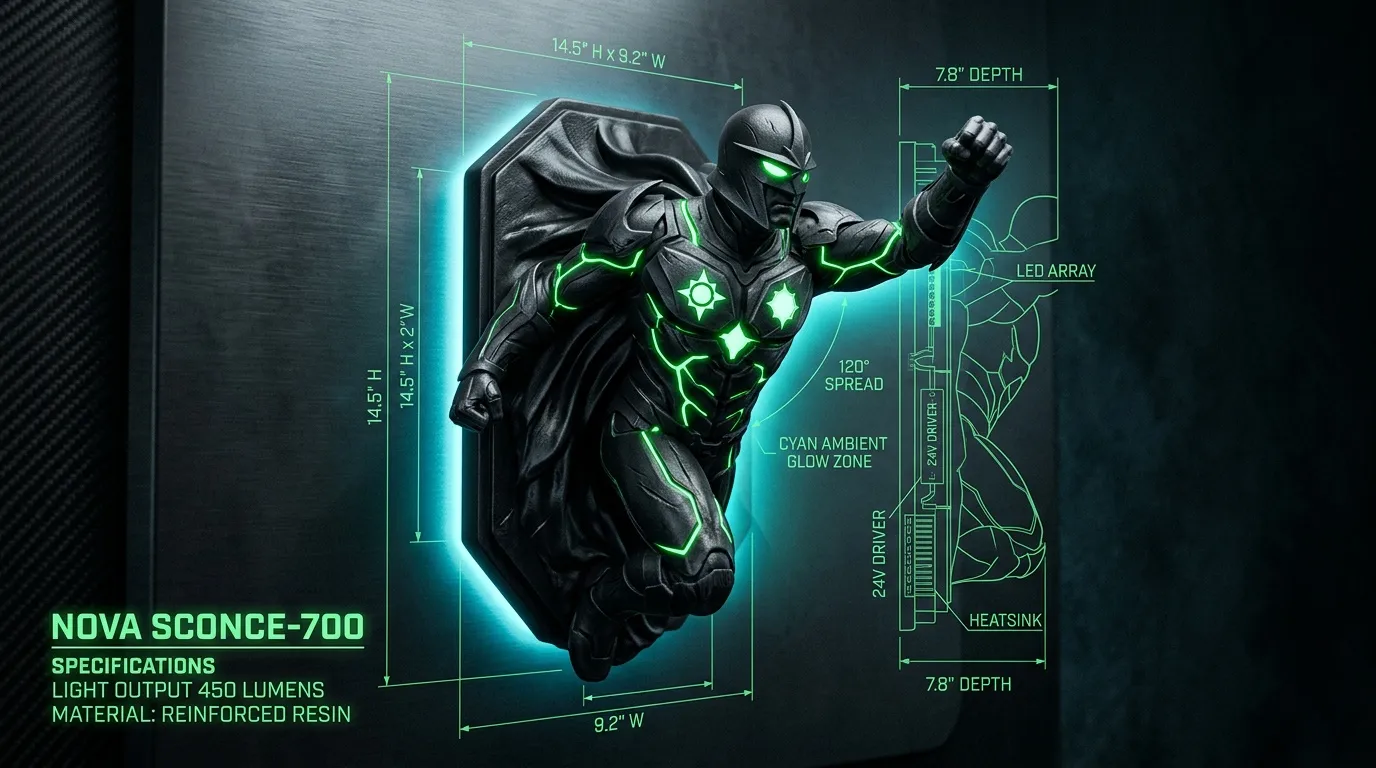 Applique murale futuriste noire avec LED cyan, sp&eacute;cifications techniques d&eacute;taill&eacute;es