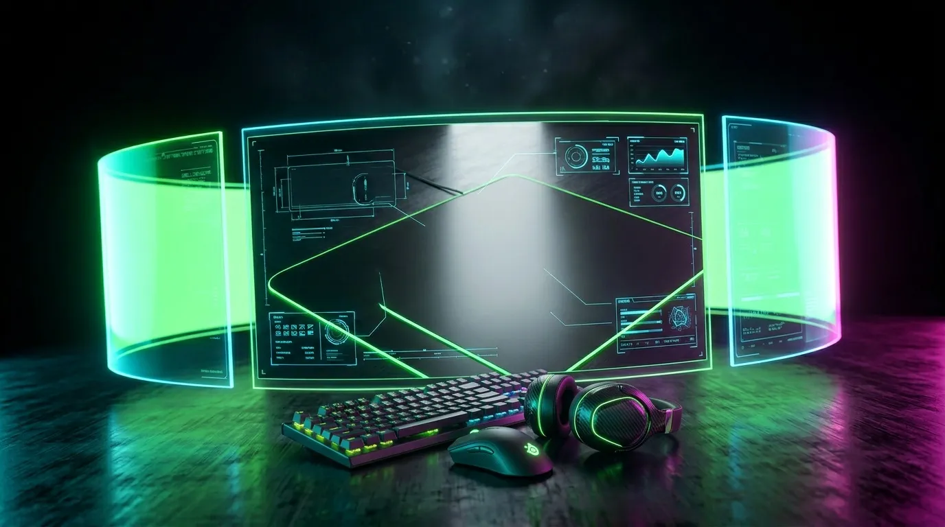 Configuration gaming ultramoderne avec &eacute;crans courbes lumineux n&eacute;on