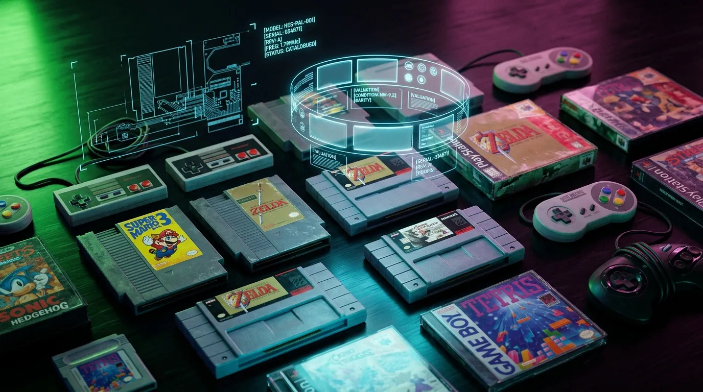 Consoles, jeux et contr&ocirc;leurs r&eacute;tro avec hologramme futuriste