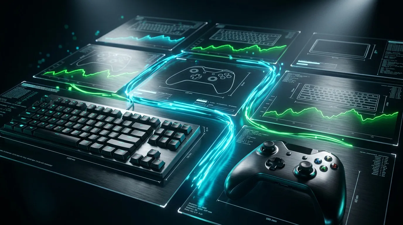 Bureau gaming avec clavier, manette, &eacute;crans holographiques et graphiques