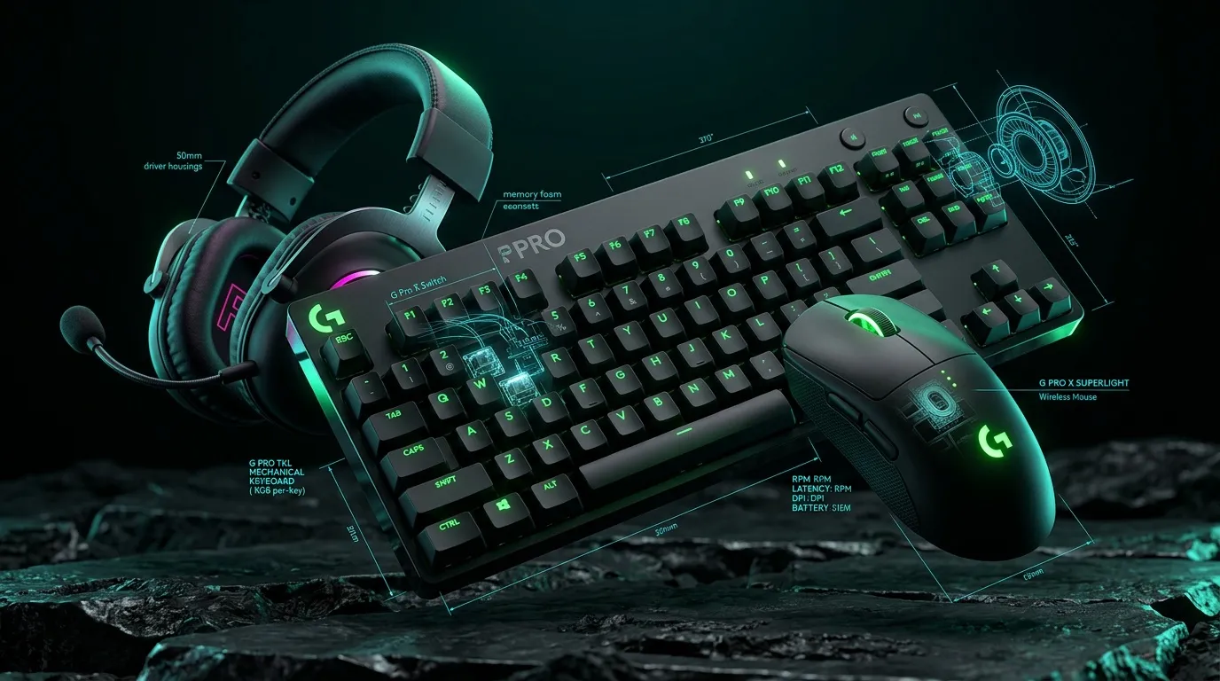 Clavier, souris, casque gaming Logitech G Pro avec sp&eacute;cifications techniques