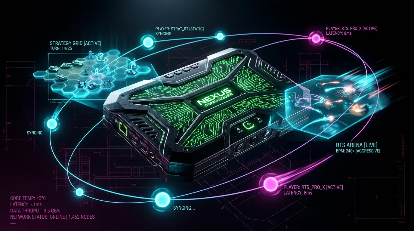 Appareil gaming futuriste connect&eacute; &agrave; r&eacute;seau multiplayer en temps r&eacute;el