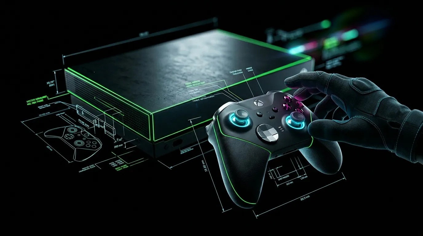 Console gaming noire avec manette et sch&eacute;mas techniques d&eacute;taill&eacute;s