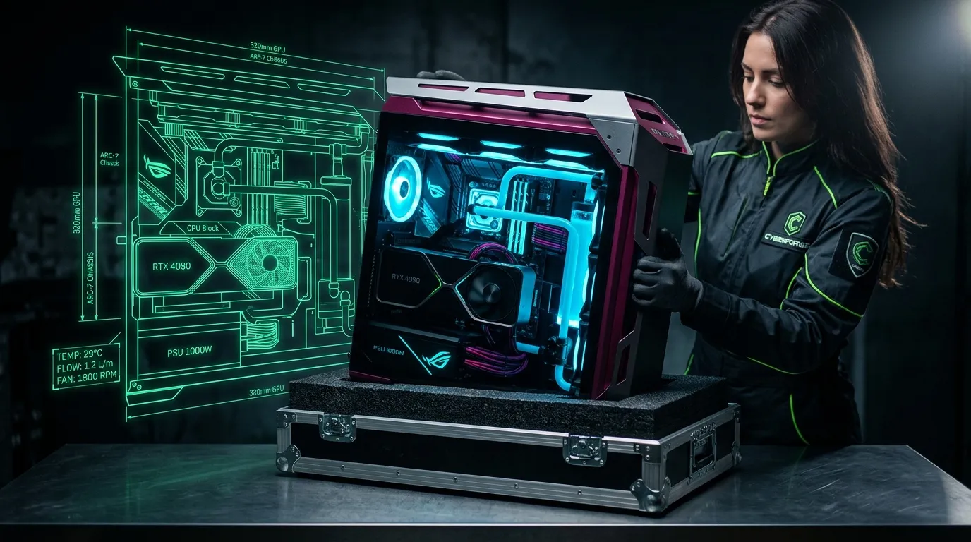 Femme pr&eacute;sentant un PC gaming futuriste illumin&eacute; n&eacute;on bleu