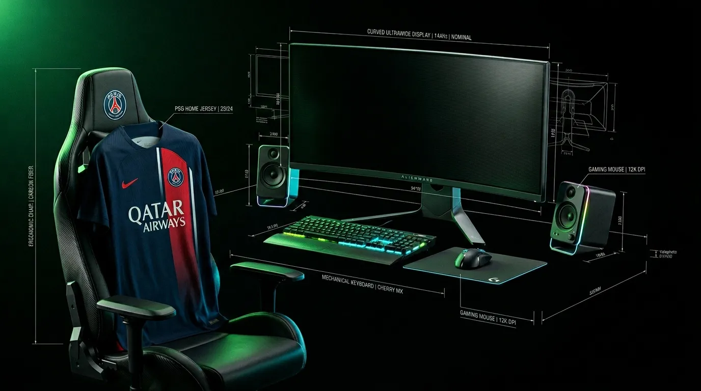Bureau gaming avec chaise PSG, &eacute;cran courbe et &eacute;quipements p&eacute;riph&eacute;riques