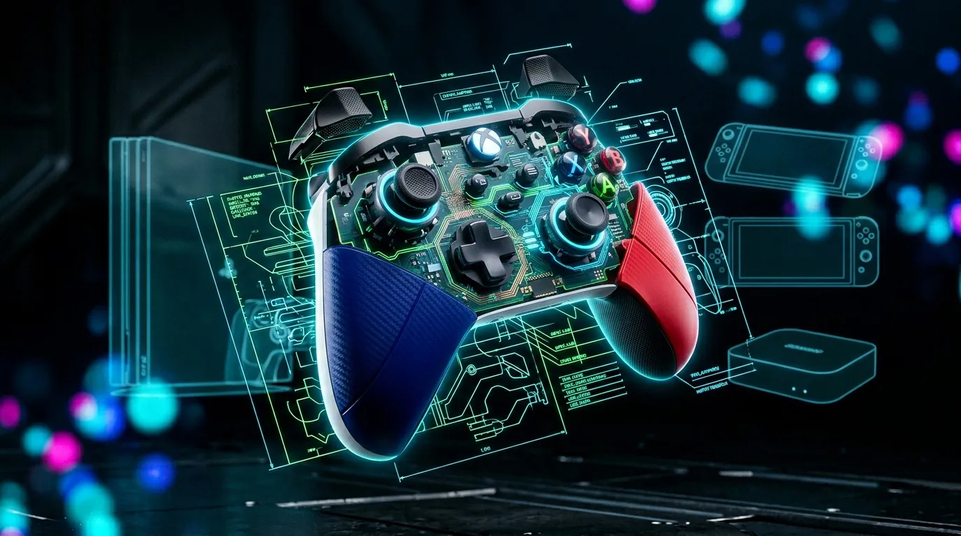 Manette gaming avec sch&eacute;mas num&eacute;riques holographiques et appareils connect&eacute;s