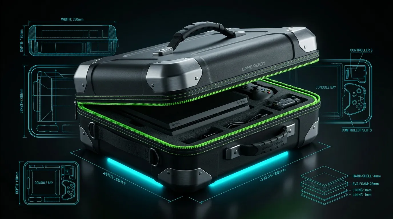 Mallette de protection pour console de jeu avec sch&eacute;mas techniques d&eacute;taill&eacute;s