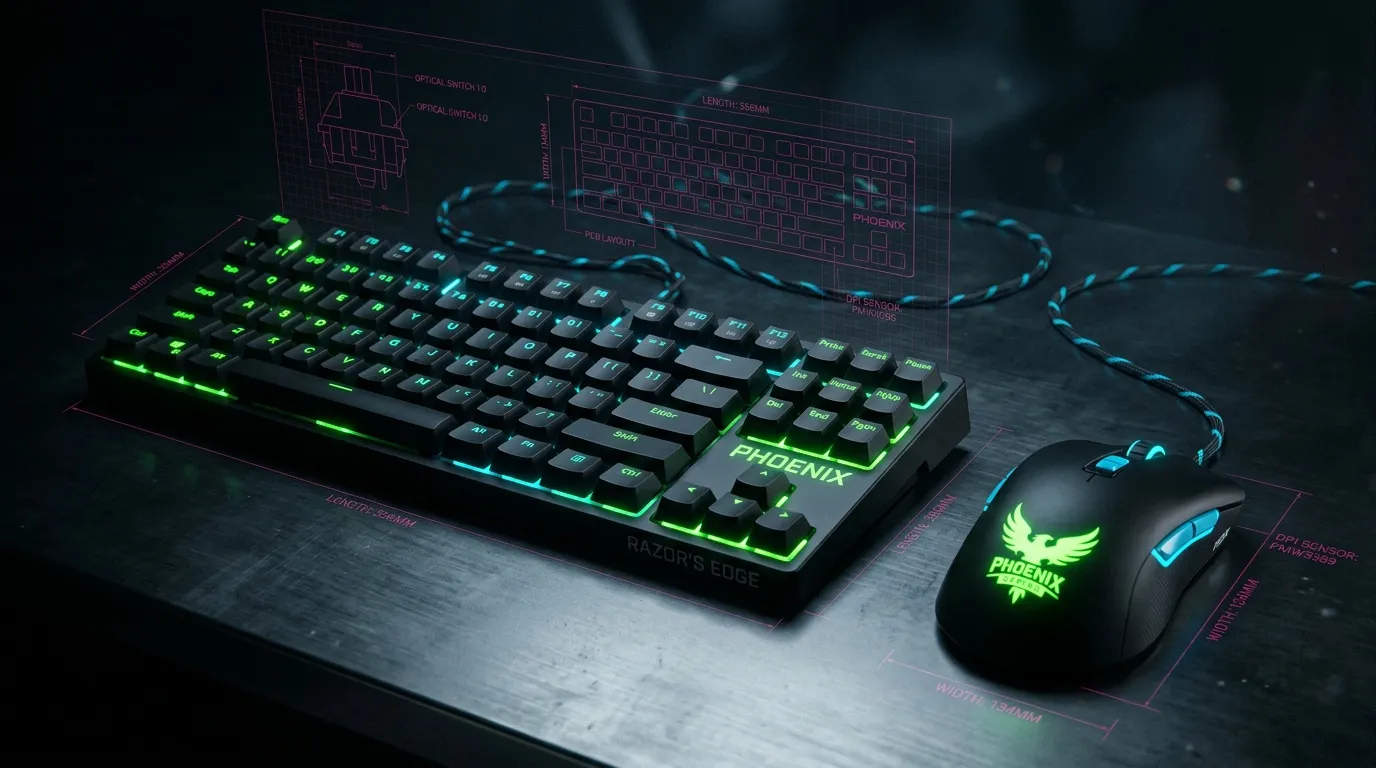 Clavier et souris gaming illumin&eacute;s verts avec sch&eacute;mas techniques