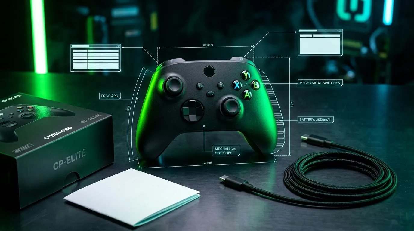 Manette noire avec LED verte et sp&eacute;cifications techniques d&eacute;taill&eacute;es