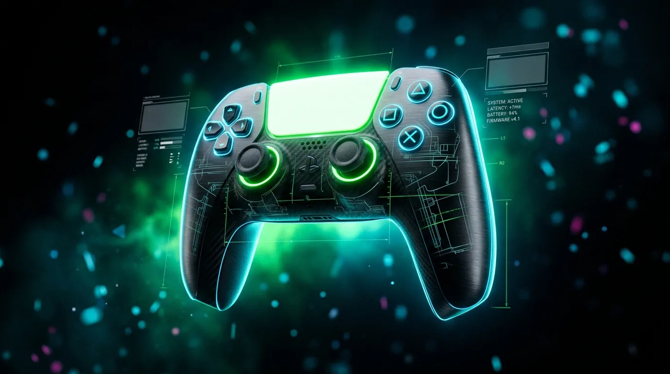 Manette de jeu avec &eacute;clairage n&eacute;on vert et bleu