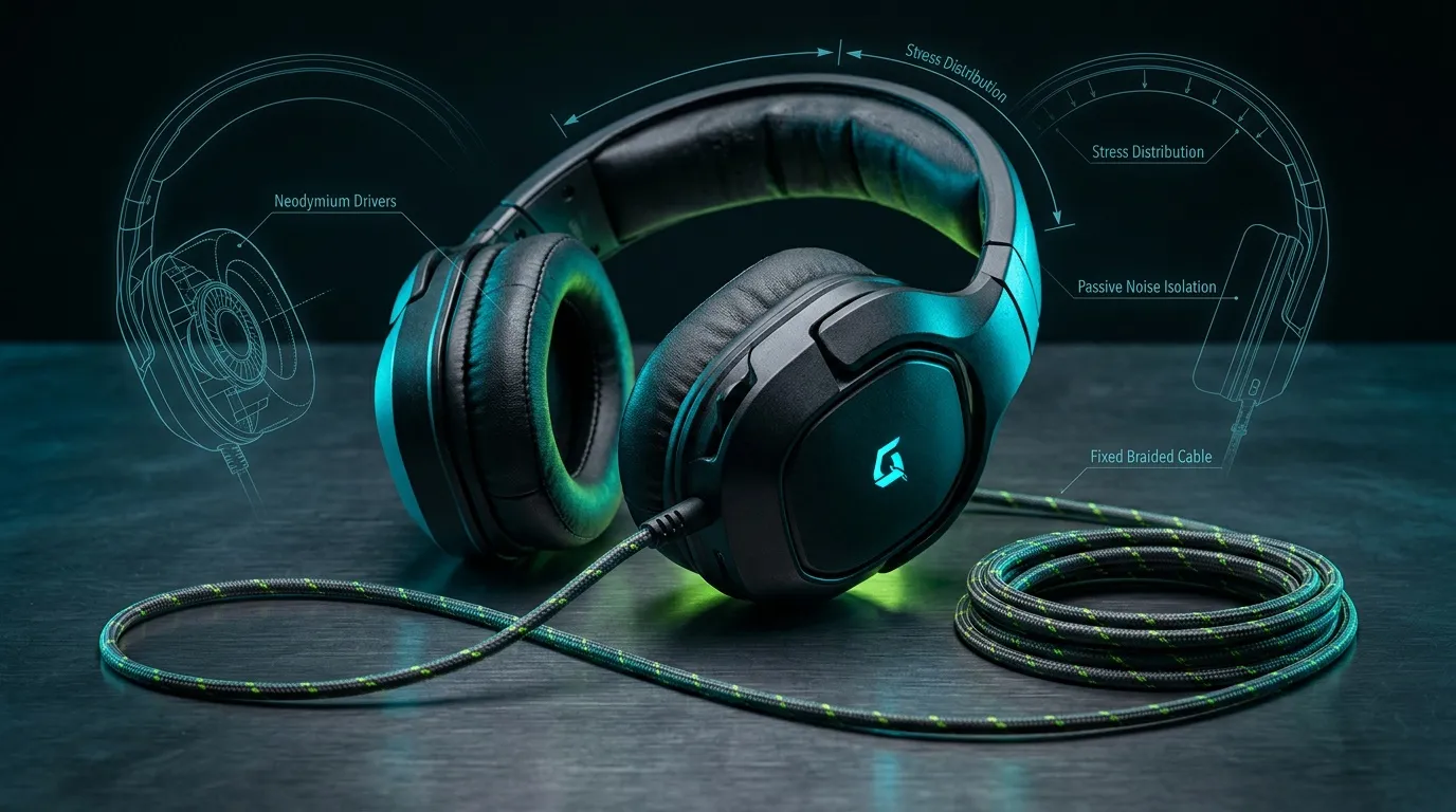 Casque gamer noir avec câble tressé et éclairage néon