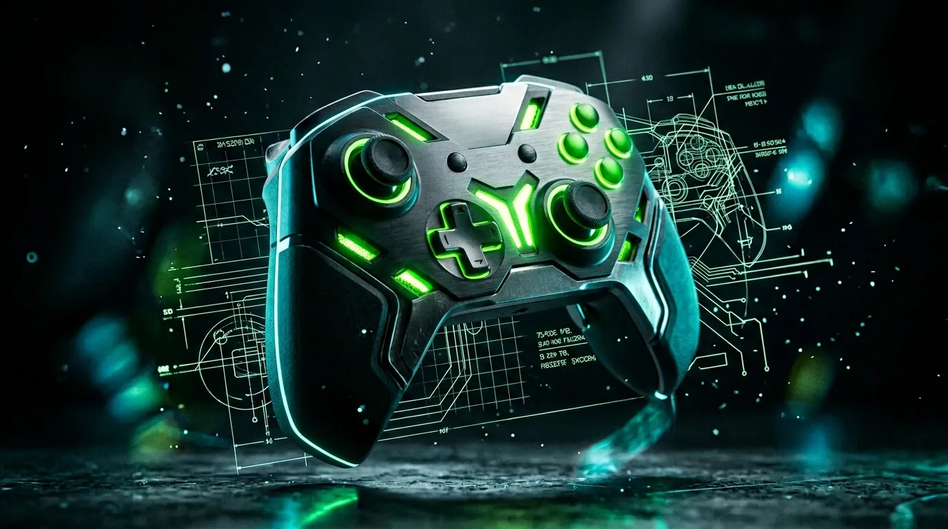 Manette de jeu illuminée néon avec schémas technologiques holographiques