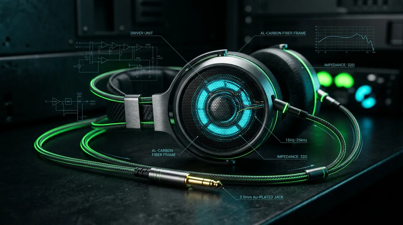 Casque gaming avec LED cyan, spécifications techniques affichées