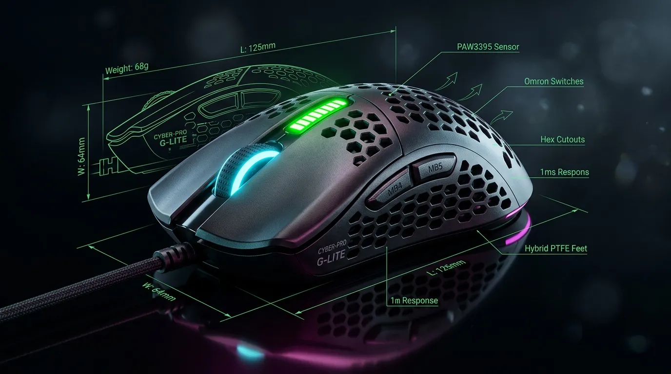 Souris gaming avec capteur PAW3395, poids 68g, longueur 125mm