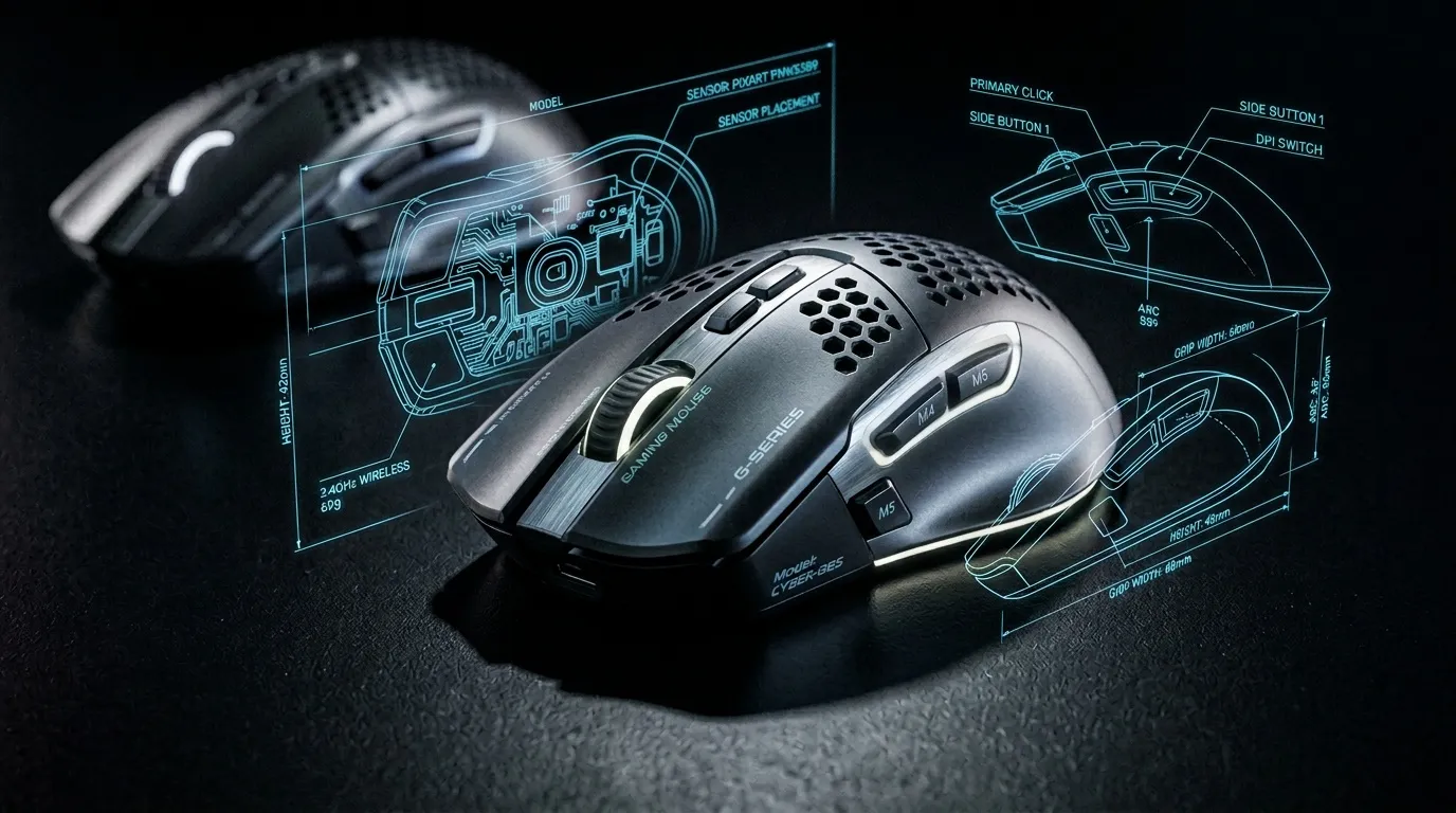 Souris gaming grise avec sp&eacute;cifications techniques d&eacute;taill&eacute;es affich&eacute;es