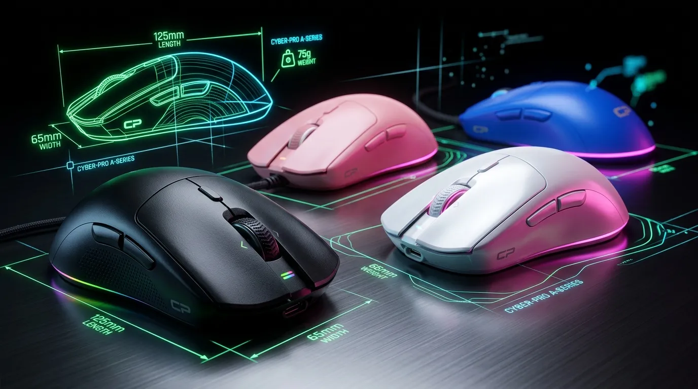 Collection de souris gaming color&eacute;es avec sp&eacute;cifications techniques affich&eacute;es