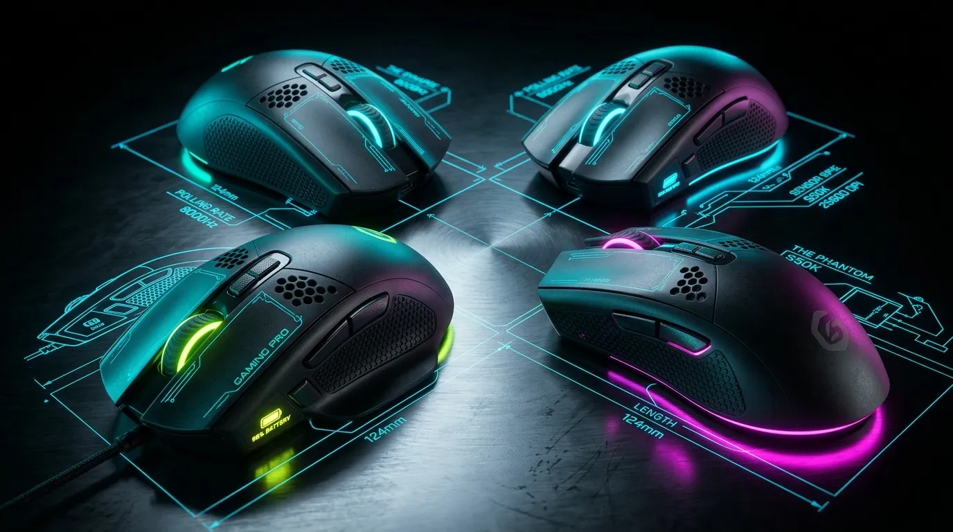 Quatre souris gaming RGB illumin&eacute;es sur surface technologique