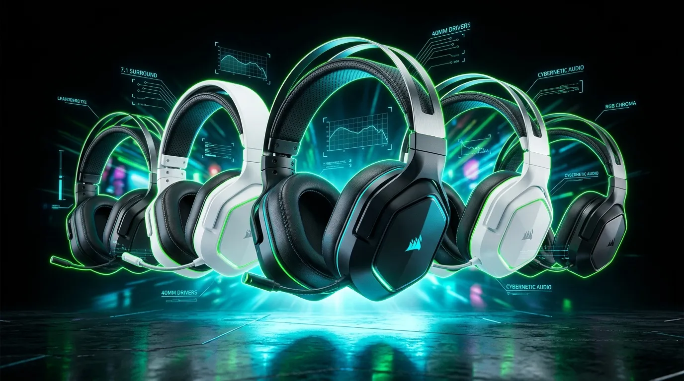 Trois casques gaming avec &eacute;clairage n&eacute;on vert et bleu cyberpunk