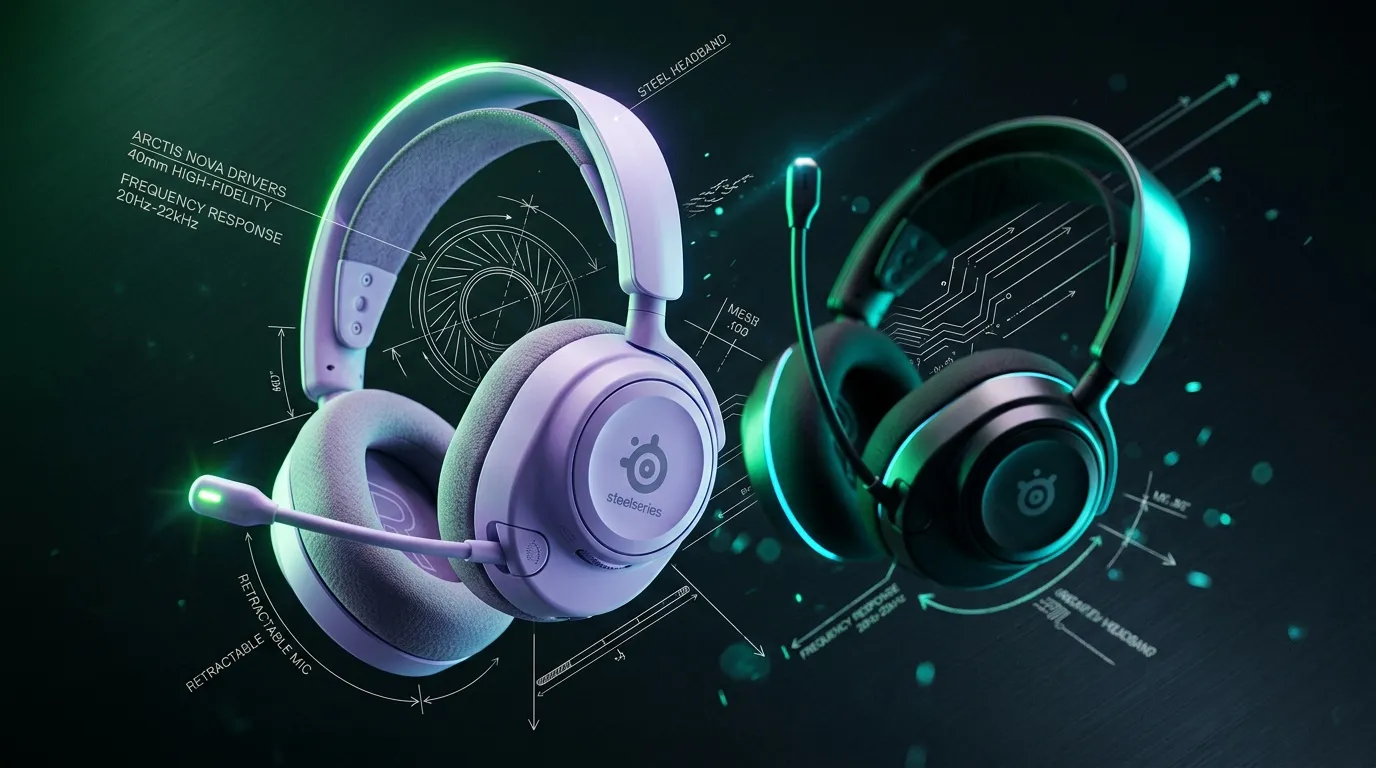 Deux casques gaming SteelSeries avec &eacute;clairage n&eacute;on et sp&eacute;cifications techniques