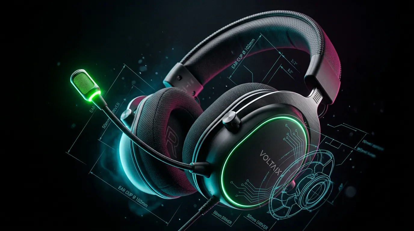 Casque gamer avec n&eacute;on vert, sch&eacute;mas techniques, microphone luminescent