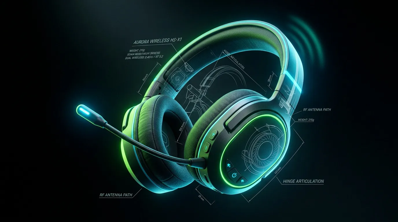 Casque gaming sans fil futuriste avec illumination n&eacute;on verte et bleue