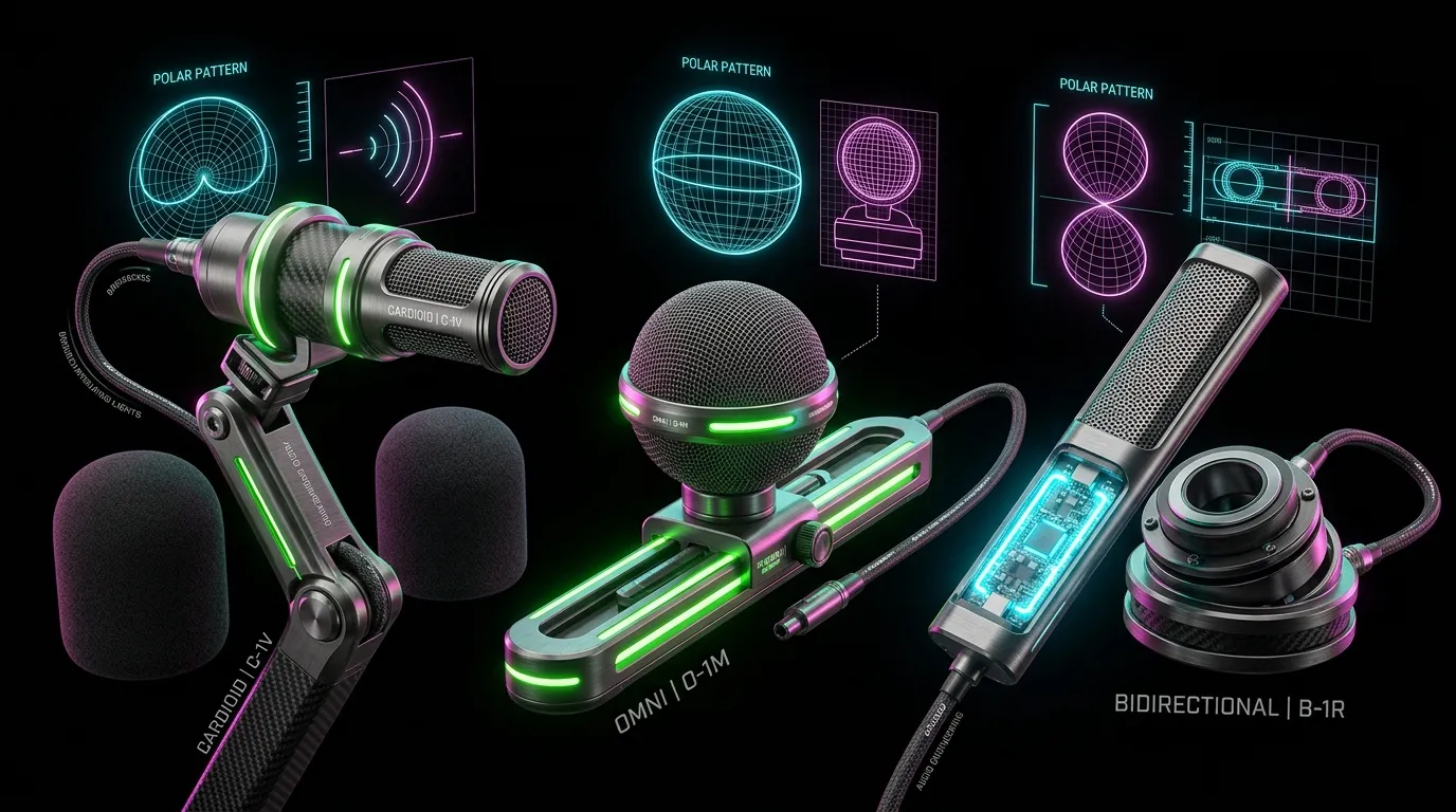 Collection de microphones de studio avec diagrammes polaires luminescents